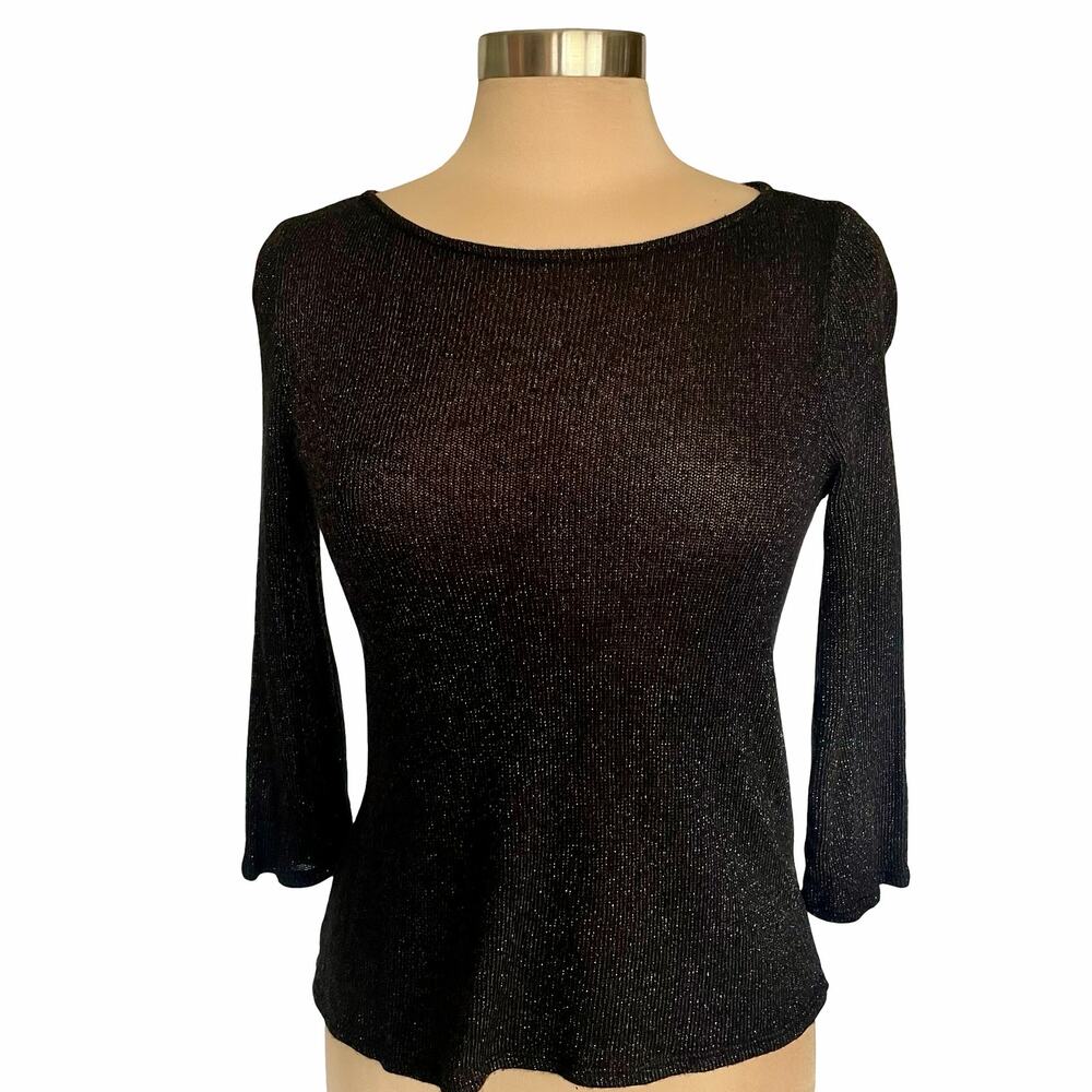 Three Dots Black Metallic‎ Sheen Knit Top Size SMALL Classic Dressy Minimalist